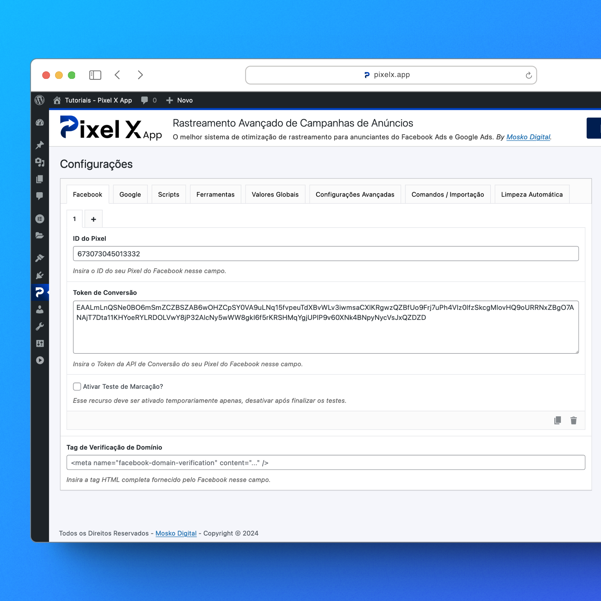 Pixel X App - Configurações - Facebook